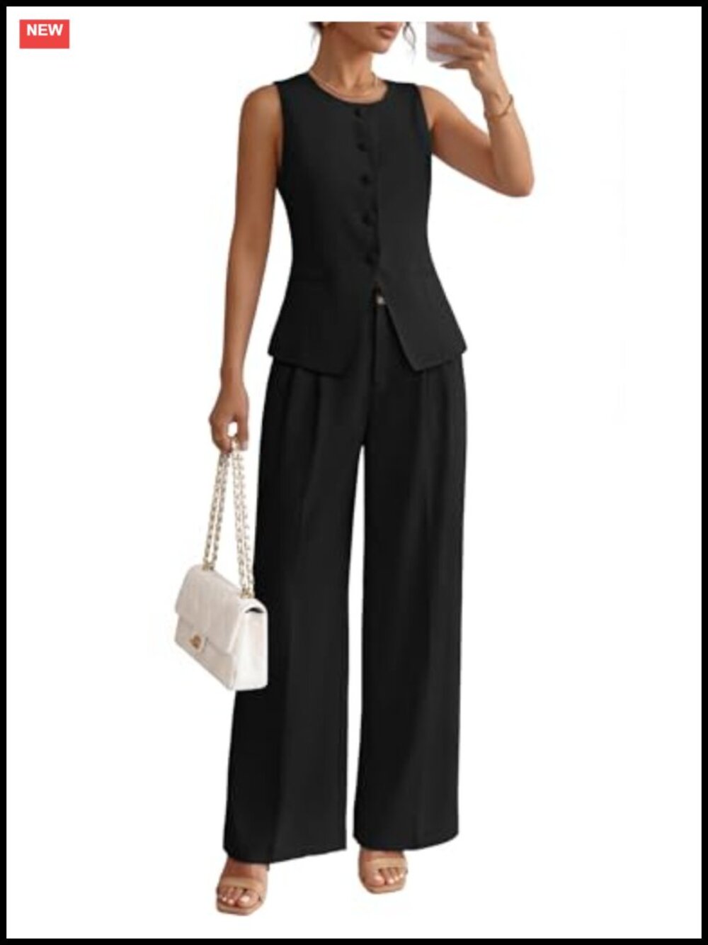 Women's 2 Piece Pant Suit Set Sleeveless Blazer High Waisted Trousers Office